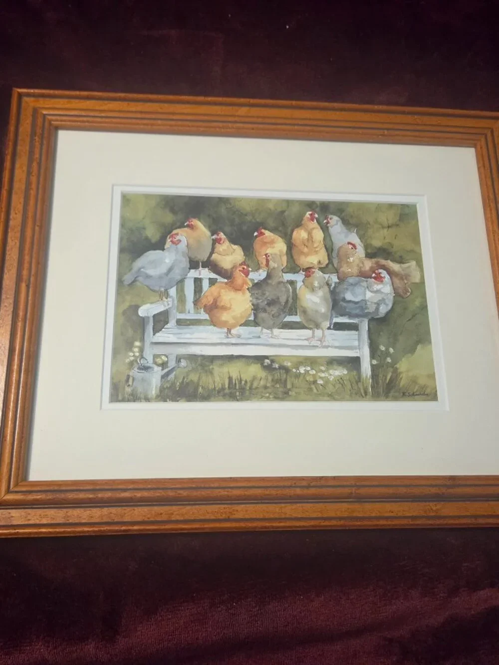 rustic watercolor painting with a line of colorful chickens perched together